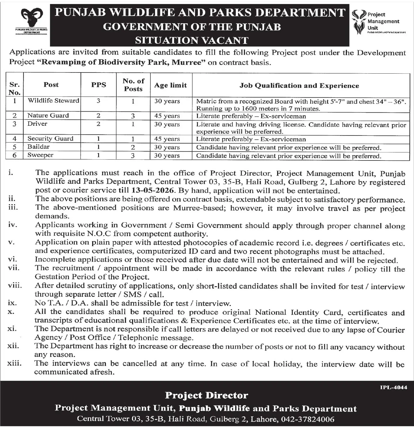 Wildlife Steward Jobs Murree 2026 Latest Government Job May 2026 Advertisement