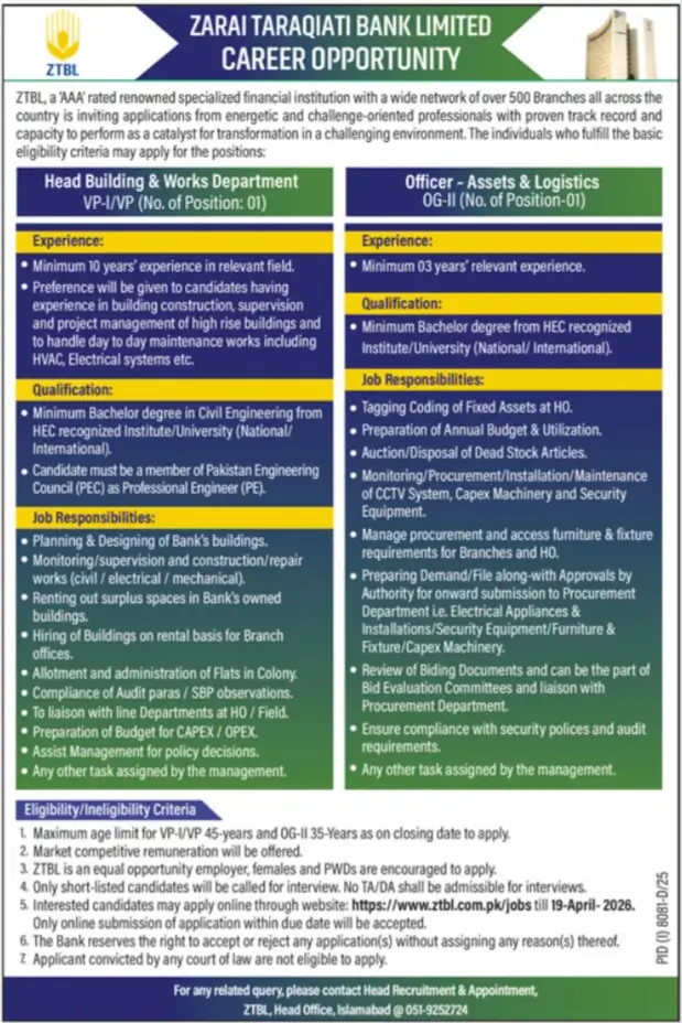 ZTBL Jobs Islamabad 2026 Latest Government Job April 2026 Advertisement