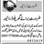 House Driver Jobs Lahore 2026 Latest Urgent Opening Advertisement