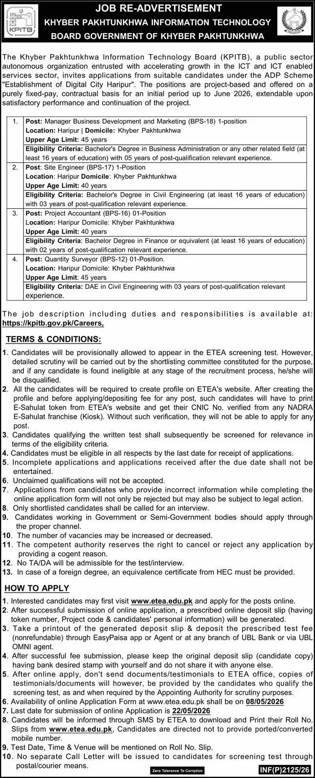 KPITB Jobs Haripur 2026 Latest Apply Online May 2026 Advertisement