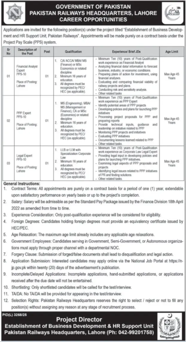 Pakistan Railways Jobs Lahore 2026 Latest Government PPS-10 Advertisement