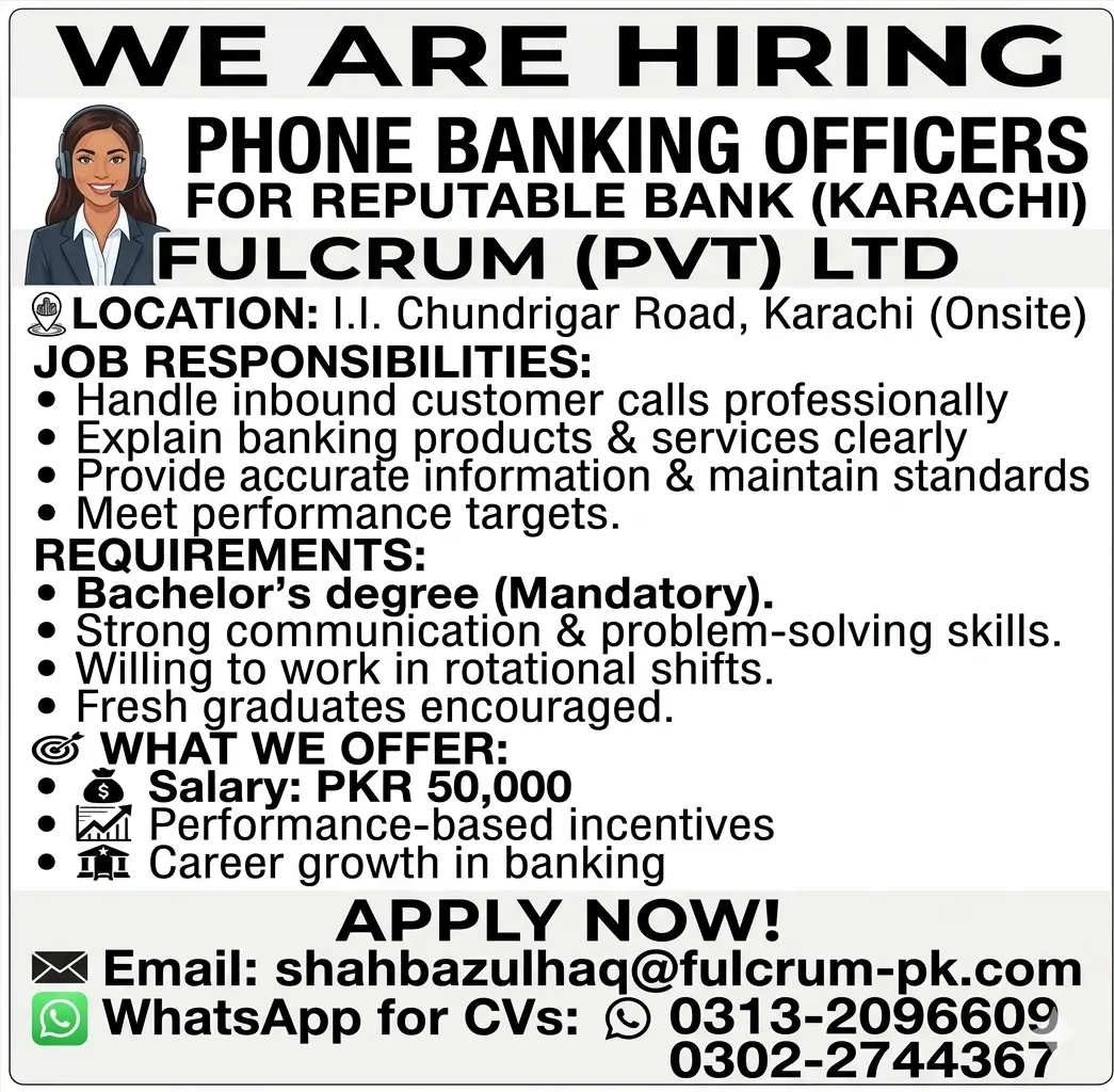Phone Banking Jobs Karachi 2026 Latest Urgent Hiring – Fulcrum Advertisement