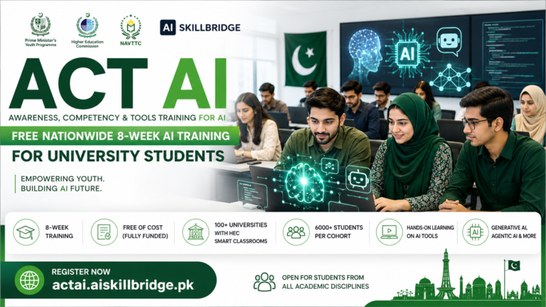 Free AI course in Pakistan 2026 - ACT AI program banner with students learning artificial intelligence