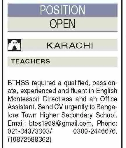 BTHSS Jobs Karachi 2026 | Dawn Advertisement