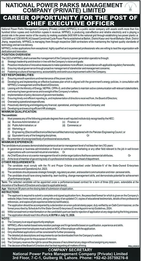 Chief Executive Officer Jobs Lahore 2026 | Nawaiwaqt Advertisement
