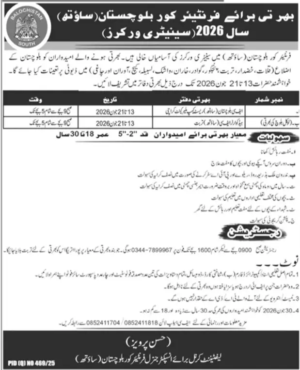 FC Balochistan South Jobs 2026 Latest Walk-in Interview Advertisement