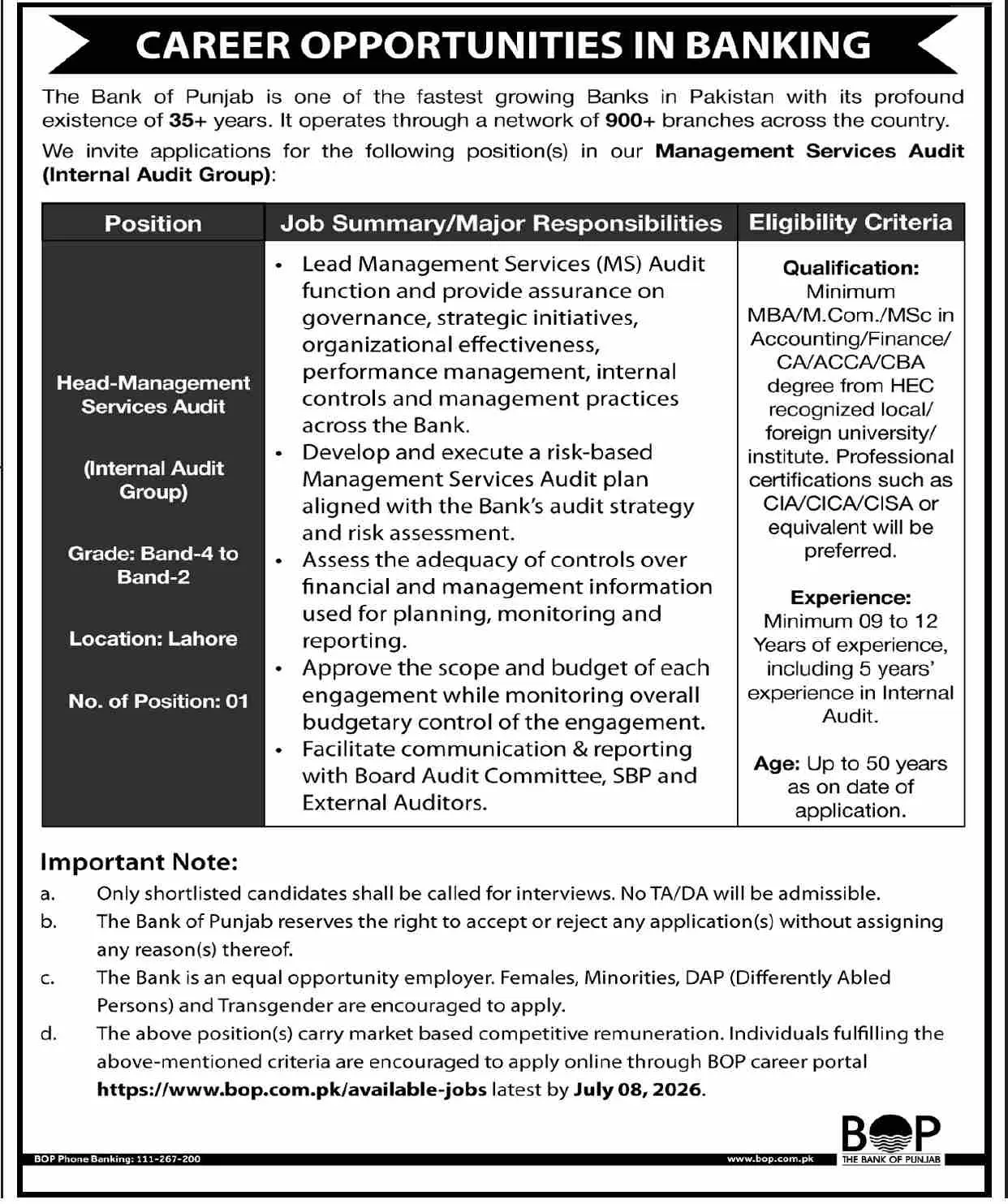 Head Internal Audit Lahore 2026 Jobs | Dawn Advertisement