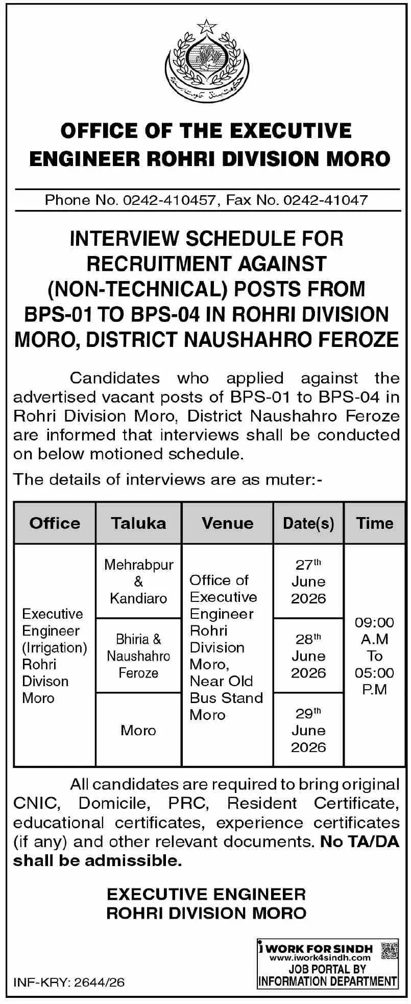 Irrigation Department Jobs Moro 2026 | Dawn Advertisement