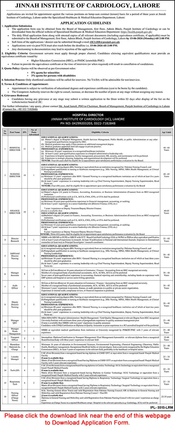 Urgent Jinnah Institute of Cardiology Lahore Jobs 2026 — Last Date Govt Advertisement