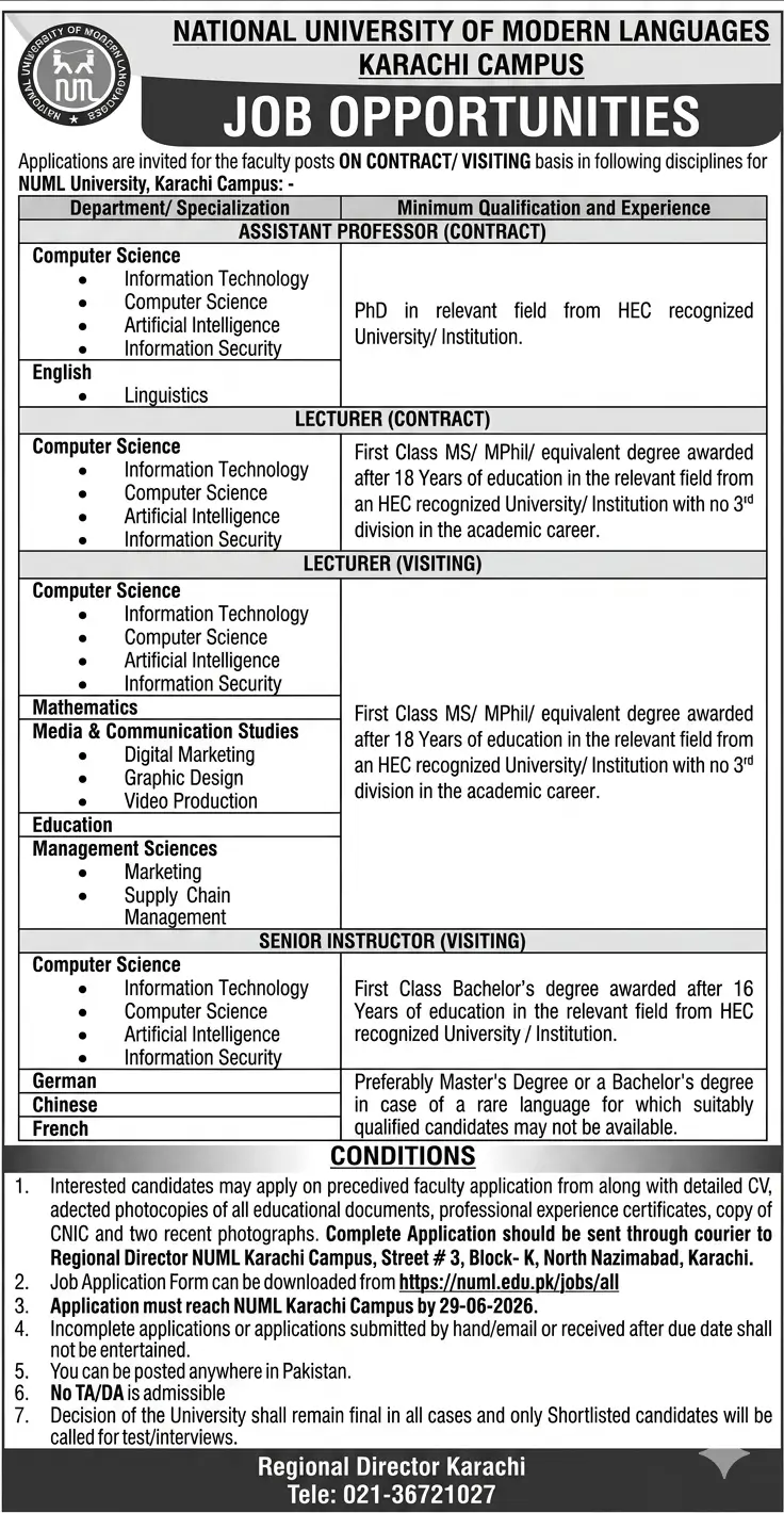 Fresh NUML Karachi Jobs 2026 – Assistant Professor, Lecturer, Instructor – Complete Guide Advertisement
