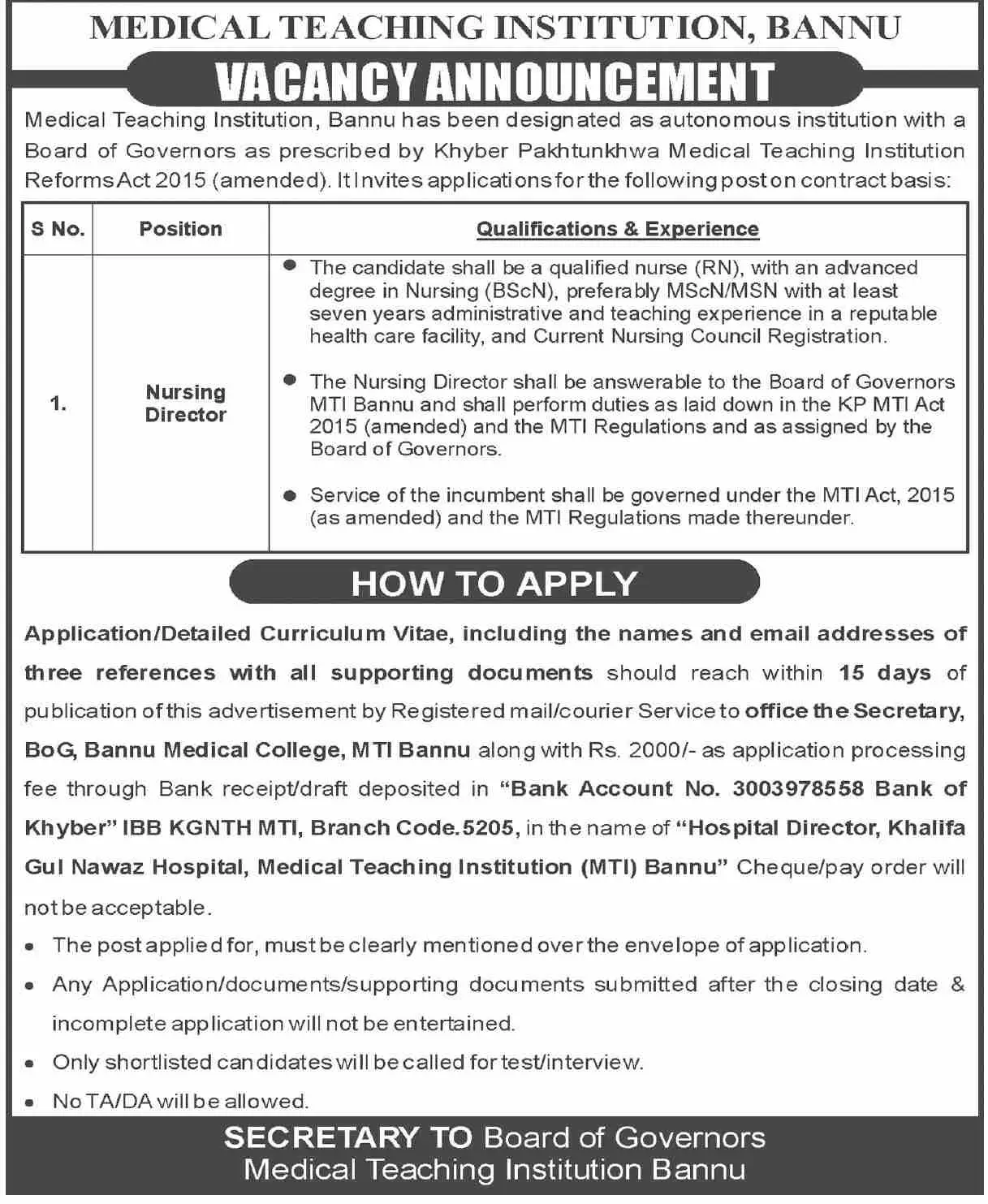 Nursing Director Jobs Bannu 2026 | Dawn Advertisement