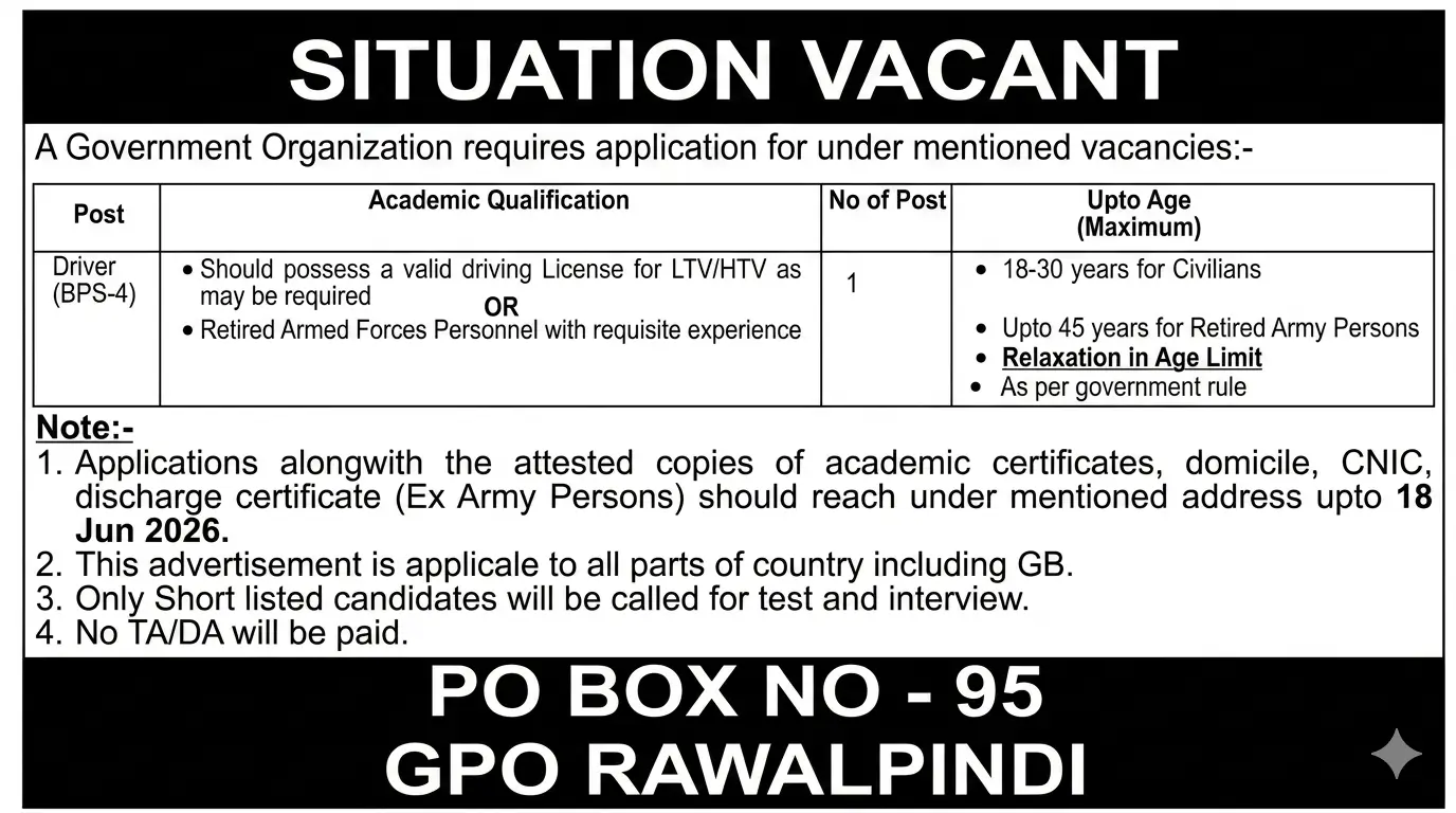 PO Box 95 Rawalpindi Jobs 2026 Latest Govt Job June 2026 Advertisement