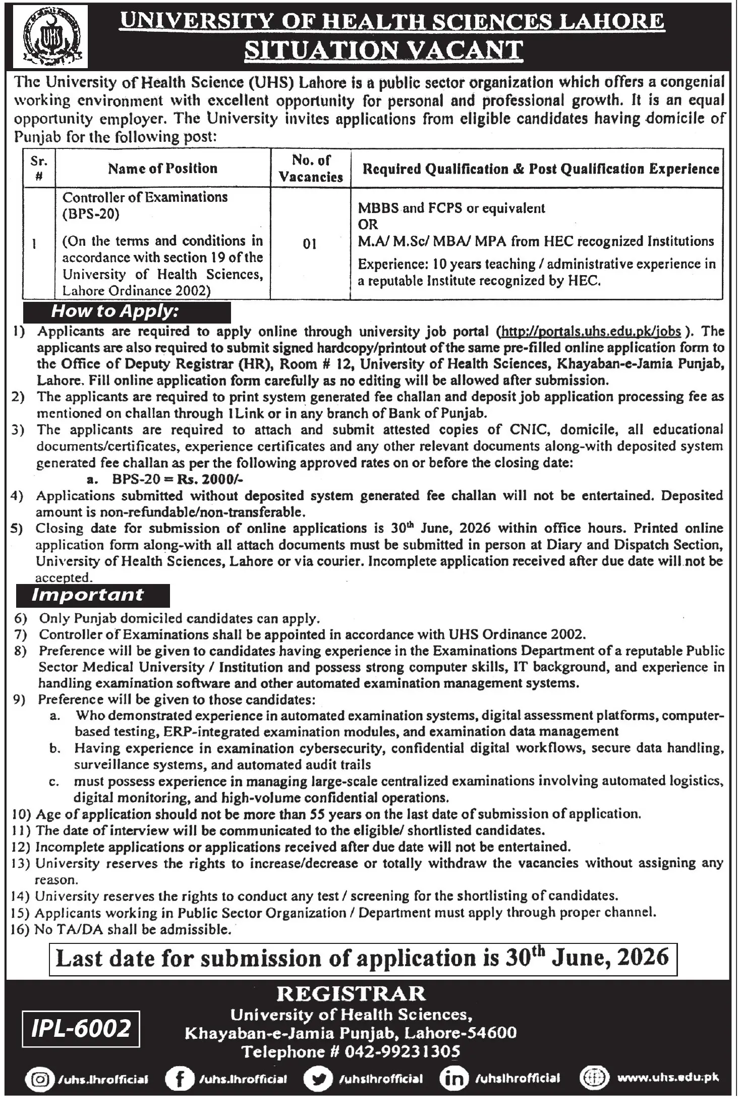 Latest UHS University Of Health Sciences Lahore Jobs 2026 | Express Tribune Advertisement