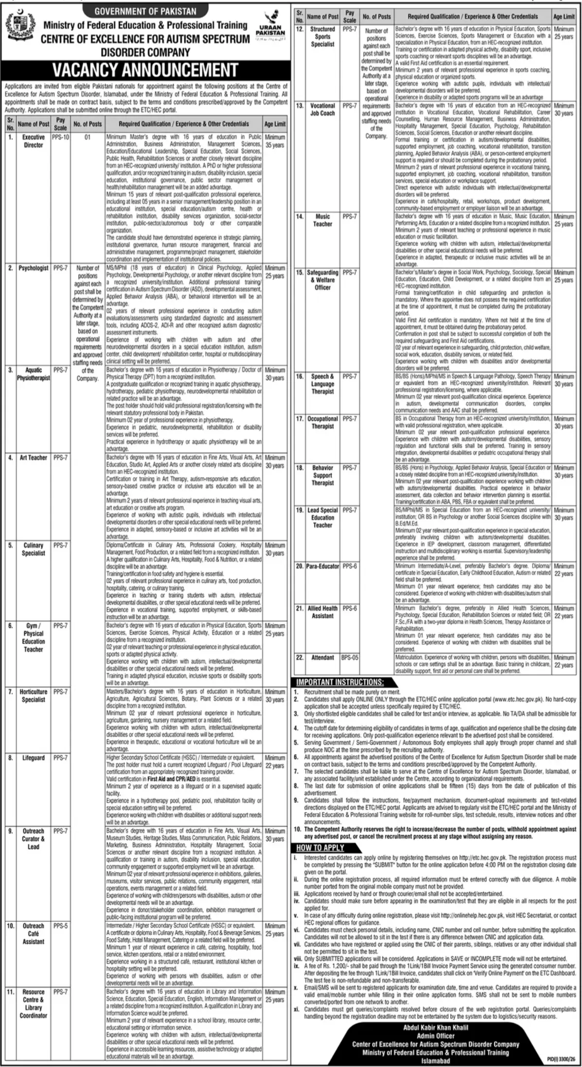 Centre of Excellence Autism Spectrum Disorder Centre Jobs 2026 Advertisement