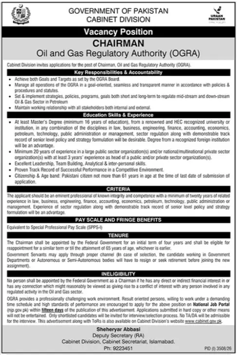 Cabinet Division Chairman Jobs Islamabad 2026 Advertisement