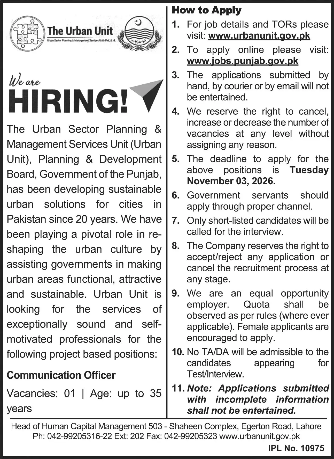 The Urban Unit Communication Officer Jobs Lahore 2026 Advertisement