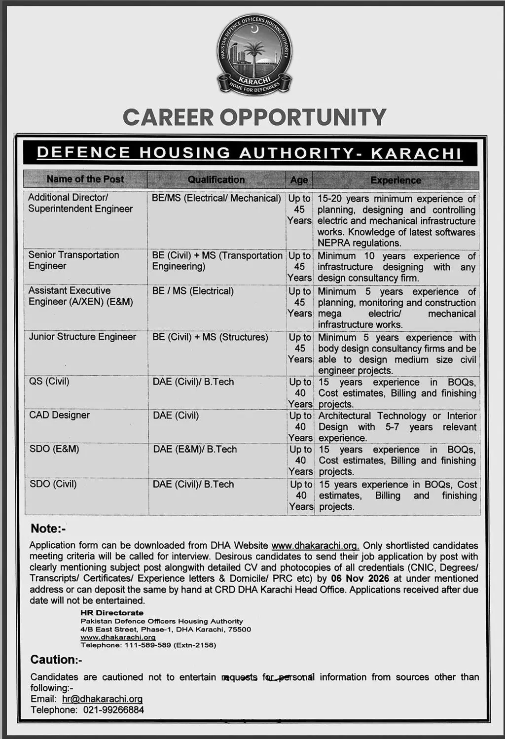 DHA Karachi Jobs 2026 | Last Date 06 Nov Advertisement