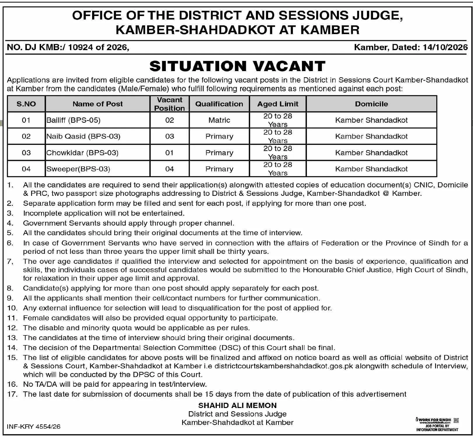 District Court Kamber Shahdadkot Jobs 2026 Advertisement