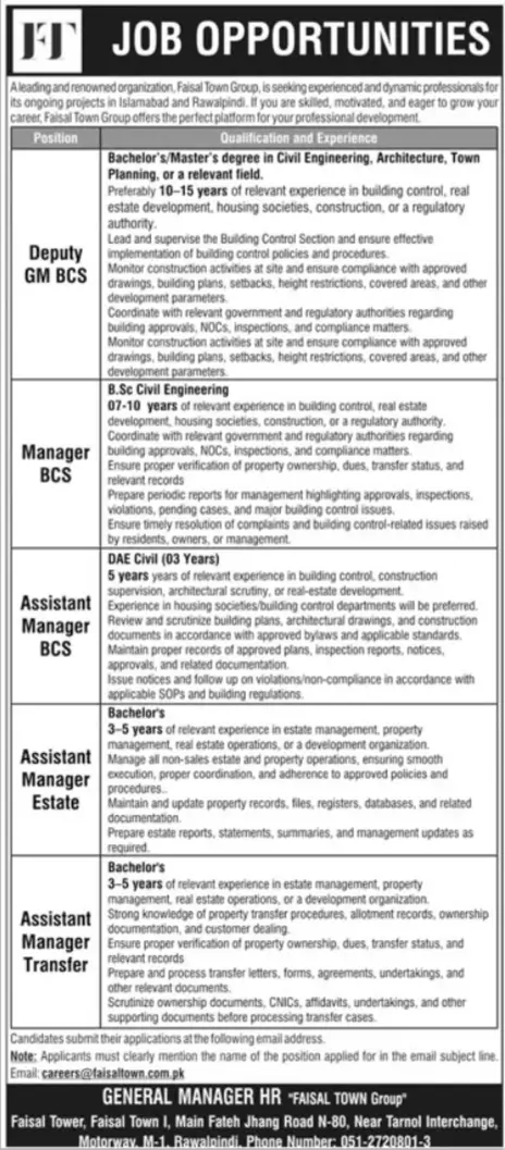 Faisal Town Group Faisal Town Group Jobs 2026 Advertisement