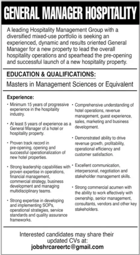 Private Group General Manager Hospitality Jobs Islamabad 2026 Advertisement