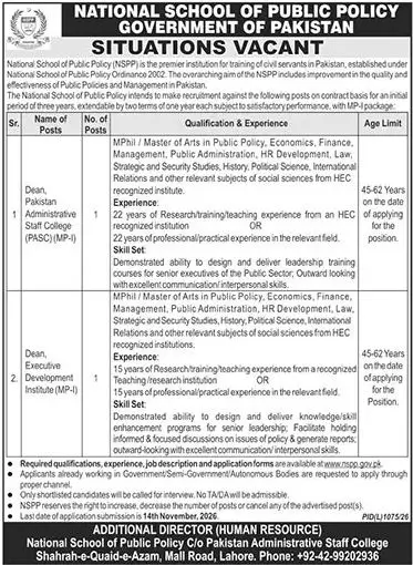  NSPP Jobs Lahore 2026 | Last Date 14 Nov  Advertisement