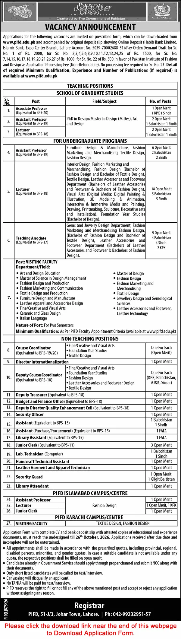 PIFD Jobs Lahore 2026 — Pakistan Institute of Fashion and Design Advertisement