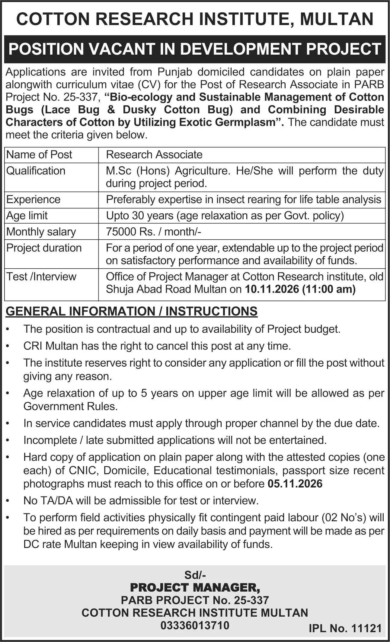 Research Associate Jobs Multan 2026 Advertisement