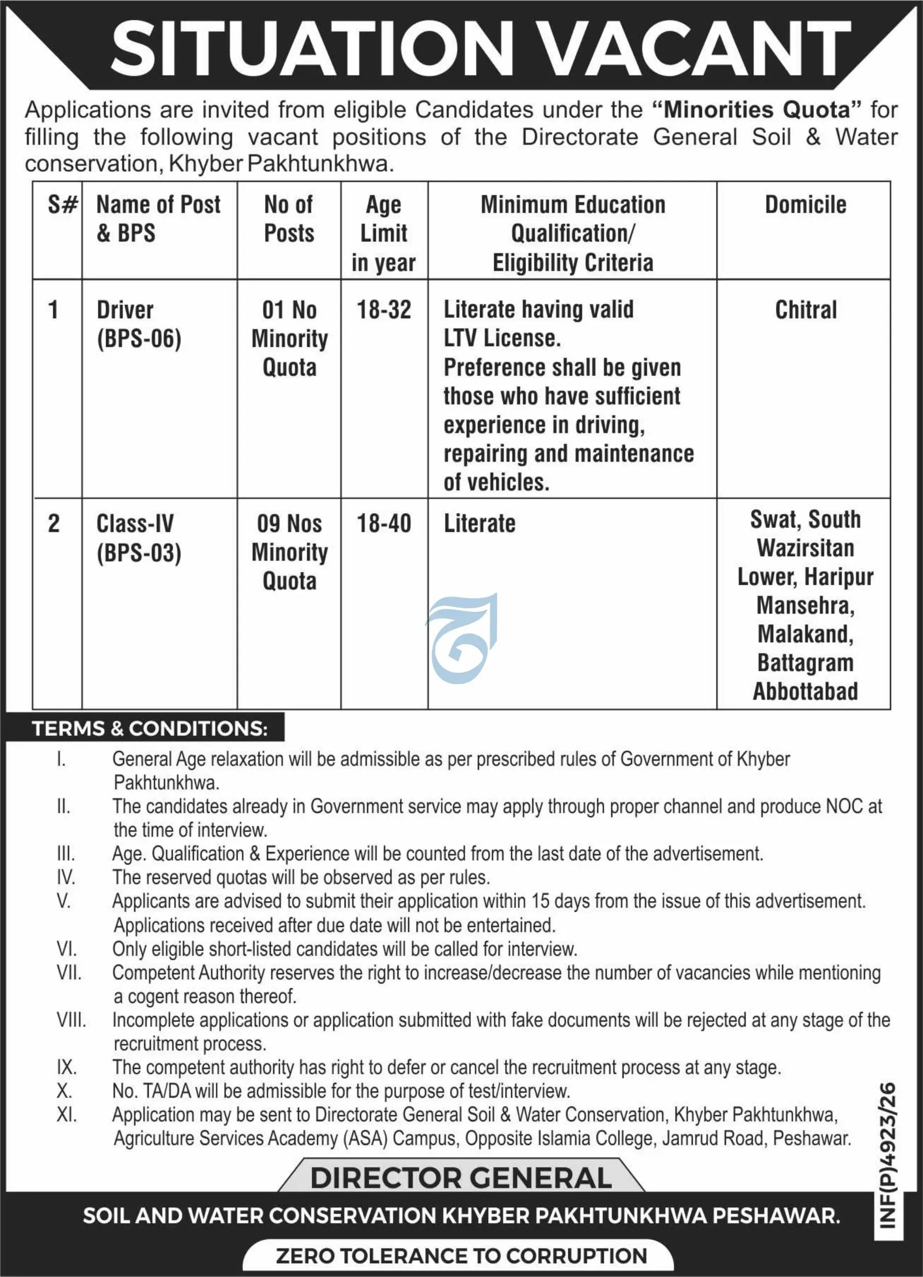 Directorate General Soil Water Conservation Peshawar Jobs 2026 Advertisement