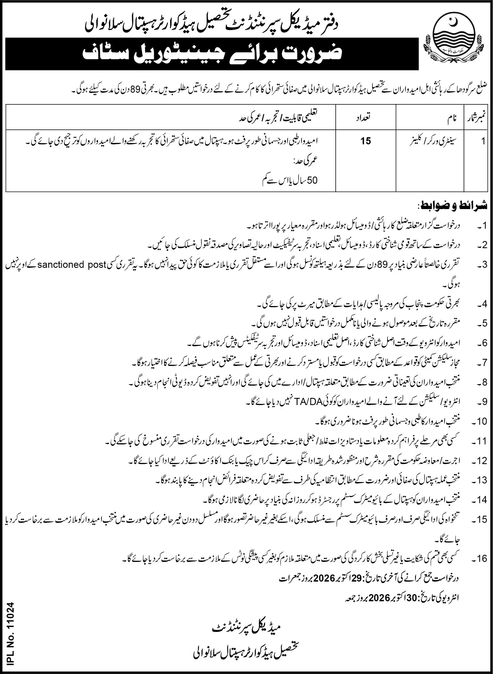 Tehsil Headquarter Hospital Sillanwali Jobs 2026 Advertisement